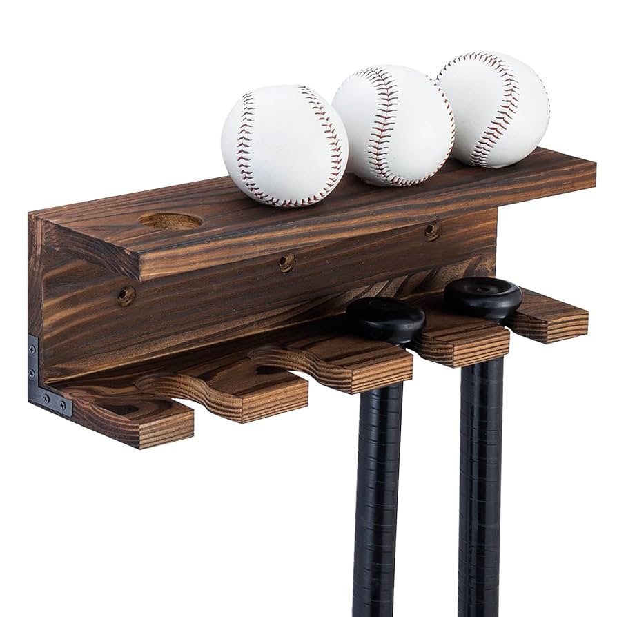 MyGift Solid Burnt Wood Baseball Bat Holder and Ball Display